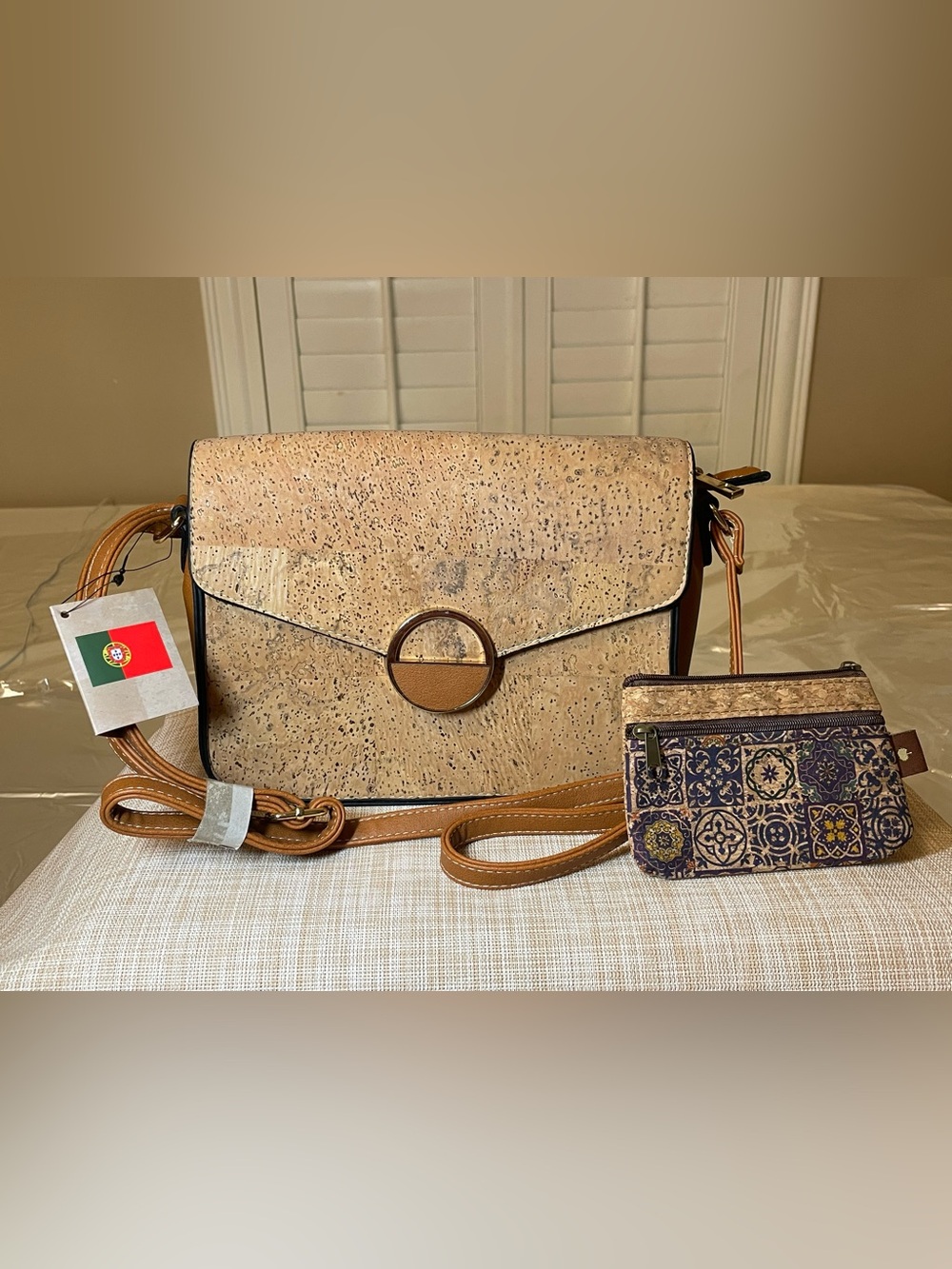 Casa Da Cortica Natural Cork Crossbody Bag in beige & tan with Tile Print purse